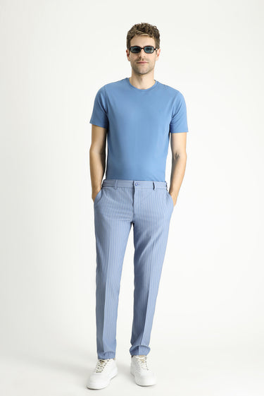 Açık Mavi Slim Fit Dar Kesim Beli Lastikli Likralı Çizgili Klasik Kumaş Pantolon