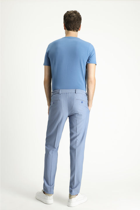 Açık Mavi 7 Drop Slim Fit Dar Kesim Beli Lastikli Likralı Çizgili Klasik Kumaş Pantolon