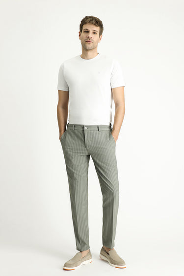 Küf Yeşili Slim Fit Dar Kesim Beli Lastikli Likralı Çizgili Klasik Kumaş Pantolon