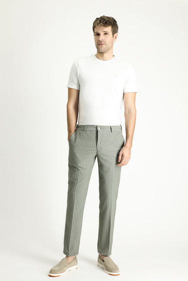 Küf Yeşili Slim Fit Dar Kesim Beli Lastikli Likralı Çizgili Klasik Kumaş Pantolon