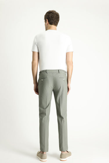 Küf Yeşili Slim Fit Dar Kesim Beli Lastikli Likralı Çizgili Klasik Kumaş Pantolon
