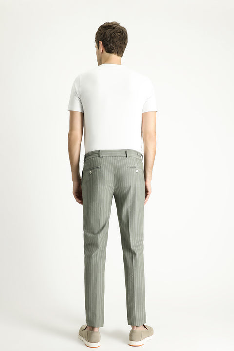 Küf Yeşili 7 Drop Slim Fit Dar Kesim Beli Lastikli Likralı Çizgili Klasik Kumaş Pantolon