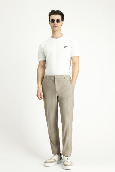 Orta Vizon Slim Fit Dar Kesim Beli Lastikli Likralı Çizgili Klasik Kumaş Pantolon