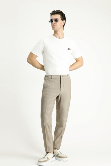 Orta Vizon Slim Fit Dar Kesim Beli Lastikli Likralı Çizgili Klasik Kumaş Pantolon