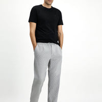 Siyah 6 Drop Regular Fit Standart Kesim Likralı Çizgili Beli Lastikli İpli Pileli Klasik Kumaş Pantolon