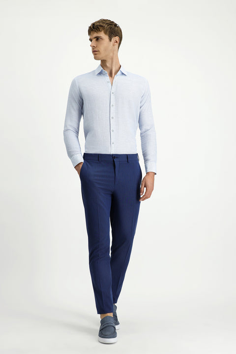 Açık Lacivert 7 Drop Super Slim Fit Eksra Dar Kesim Likralı Çizgili Klasik Kumaş Pantolon