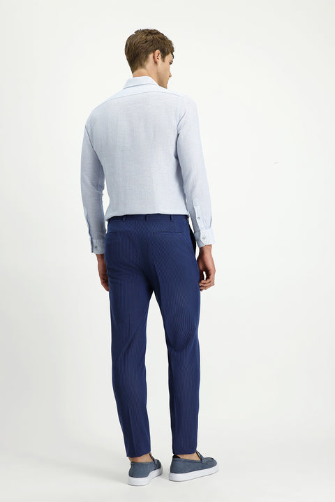 Açık Lacivert 7 Drop Super Slim Fit Eksra Dar Kesim Likralı Çizgili Klasik Kumaş Pantolon