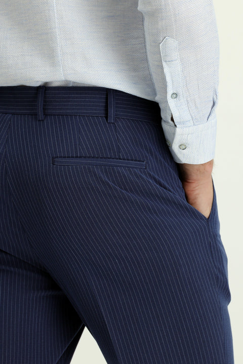 Açık Lacivert 7 Drop Super Slim Fit Eksra Dar Kesim Likralı Çizgili Klasik Kumaş Pantolon