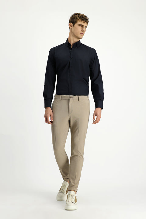 Light Mink 7 Drop Super Slim Fit Extra Narrow Cut Lycra Striped Classic Fabric Trousers