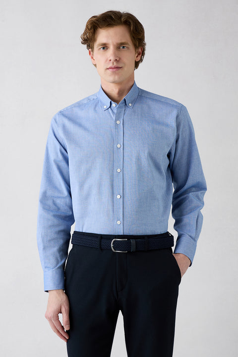 Navy Blue Long Sleeve Regular Fit Button-Down Collar Cotton Oxford 4-Season Shirt