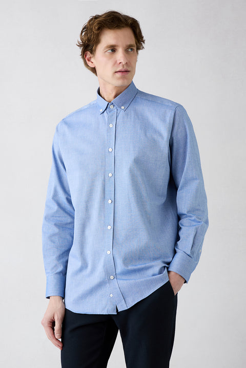 Navy Blue Long Sleeve Regular Fit Button-Down Collar Cotton Oxford 4-Season Shirt