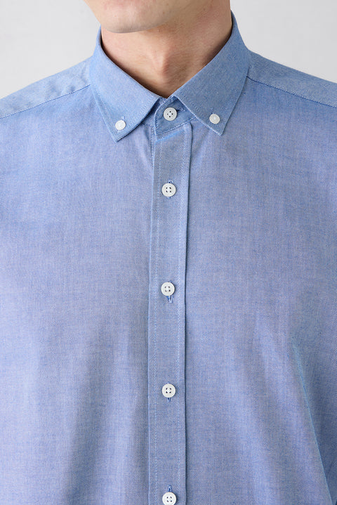 Navy Blue Long Sleeve Regular Fit Button-Down Collar Cotton Oxford 4-Season Shirt