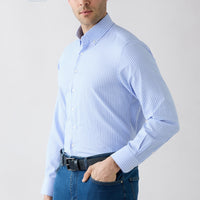 Light Blue Long Sleeve Regular Fit Striped Button-Down Collar Easy Iron Cotton Shirt