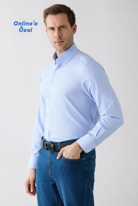 Light Blue Long Sleeve Regular Fit Striped Button-Down Collar Easy Iron Cotton Shirt