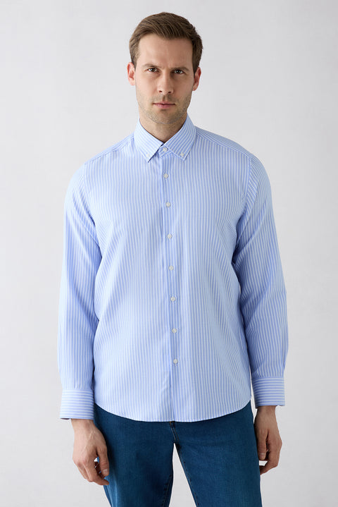 Light Blue Long Sleeve Regular Fit Striped Button-Down Collar Easy Iron Cotton Shirt