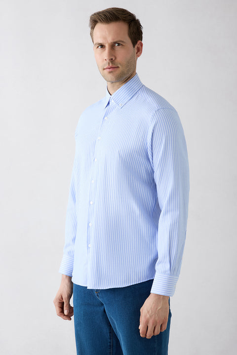 Light Blue Long Sleeve Regular Fit Striped Button-Down Collar Easy Iron Cotton Shirt