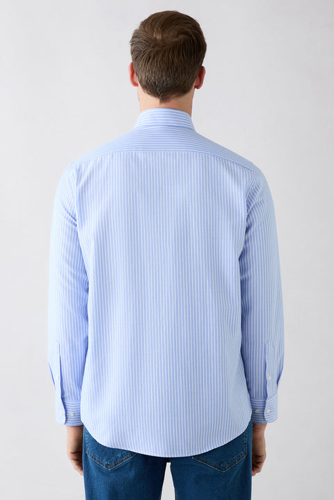 Light Blue Long Sleeve Regular Fit Striped Button-Down Collar Easy Iron Cotton Shirt