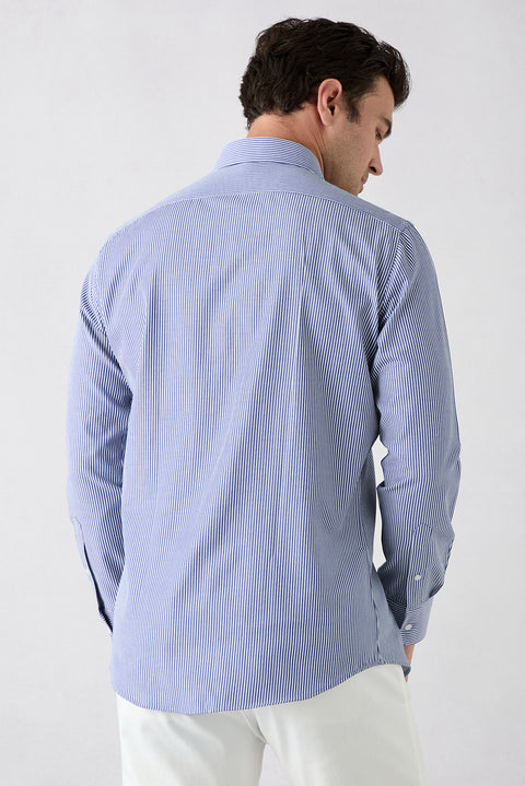 Dark Navy Blue Long Sleeve Slim Fit Striped Classic Collar Cotton Easy-to-Iron Shirt
