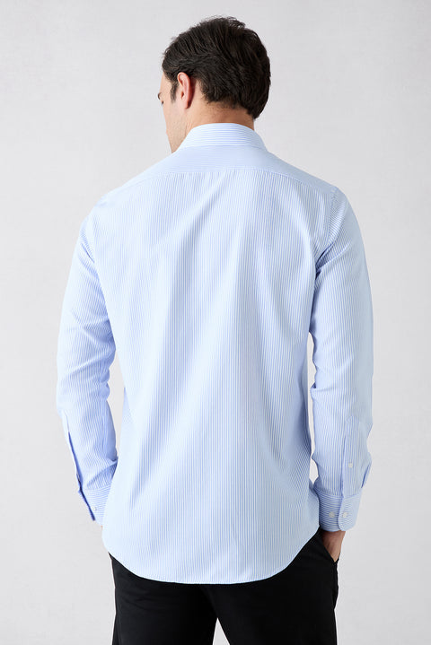 Light Blue Long Sleeve Slim Fit Striped Classic Collar Cotton Easy-to-Iron Shirt