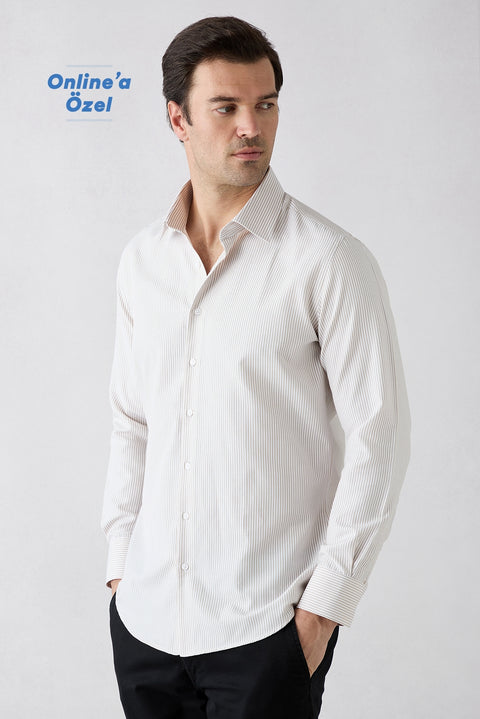 Mid Beige Long Sleeve Slim Fit Striped Classic Collar Easy Iron Cotton Shirt