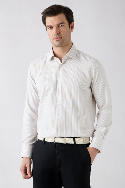 Mid Beige Long Sleeve Slim Fit Striped Classic Collar Easy Iron Cotton Shirt