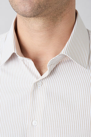 Orta Bej Uzun Kol Slim Fit Çizgili Klasik Yaka Pamuklu Kolay Ütülenebilir Gömlek