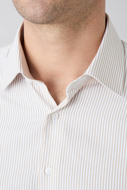 Mid Beige Long Sleeve Slim Fit Striped Classic Collar Easy Iron Cotton Shirt