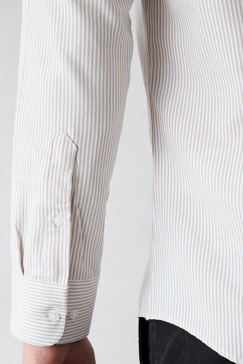 Mid Beige Long Sleeve Slim Fit Striped Classic Collar Easy Iron Cotton Shirt