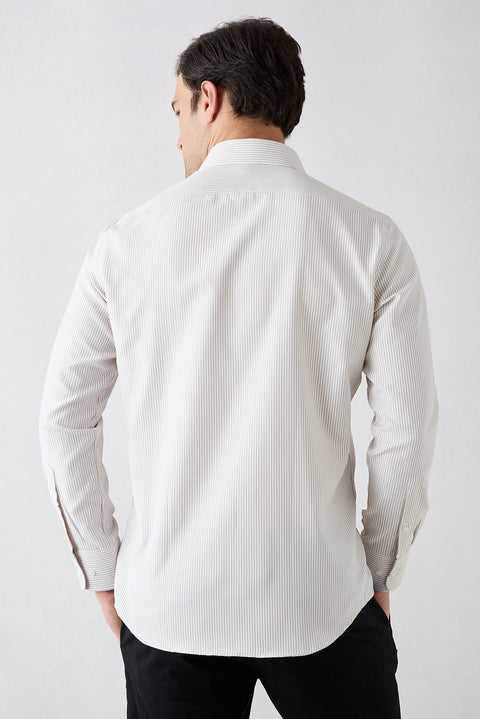 Mid Beige Long Sleeve Slim Fit Striped Classic Collar Easy Iron Cotton Shirt