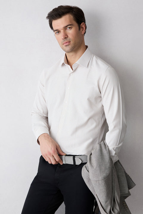 Mid Beige Long Sleeve Slim Fit Striped Classic Collar Easy Iron Cotton Shirt