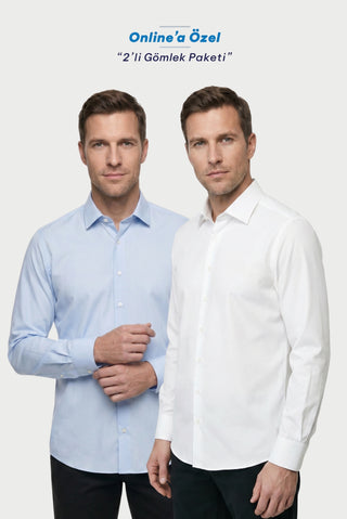 Mavi-Beyaz 2'li Uzun Kol Regular Fit Pamuklu Ütü Gerektirmeyen Pamuklu Klasik Non Iron Gömlek Seti