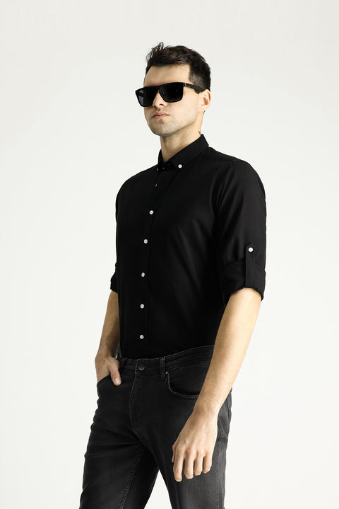 Black and Navy Blue Long Sleeve Relaxed Fit Button-Down Collar Cotton Breathable Linen-Look Shirt