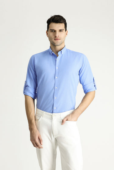 Mavi Uzun Kol Relaxed Fit Rahat Kesim Keten Görünümlü Pamuk Düğmeli Yaka Gömlek