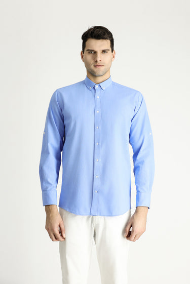 Mavi Uzun Kol Relaxed Fit Rahat Kesim Keten Görünümlü Pamuk Düğmeli Yaka Gömlek