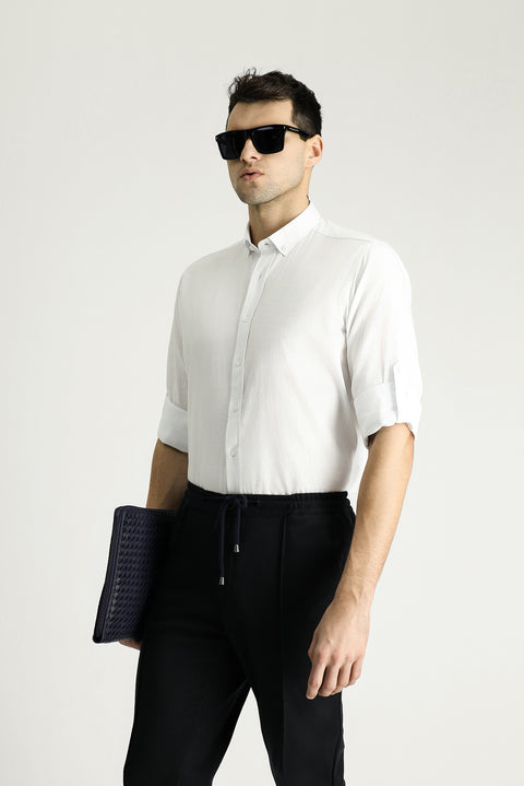 White Long Sleeve Relaxed Fit Button-Down Collar Cotton Breathable Linen-Look Shirt