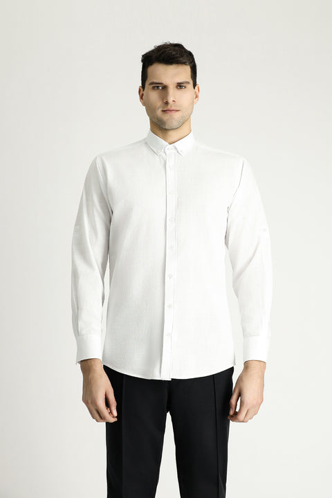 White Long Sleeve Relaxed Fit Button-Down Collar Cotton Breathable Linen-Look Shirt