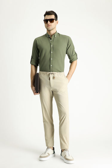 Orta Haki Uzun Kol Relaxed Fit Rahat Kesim Keten Görünümlü Pamuk Düğmeli Yaka Gömlek