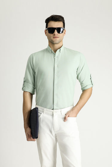 Su Yeşili Uzun Kol Relaxed Fit Rahat Kesim Keten Görünümlü Pamuk Düğmeli Yaka Gömlek