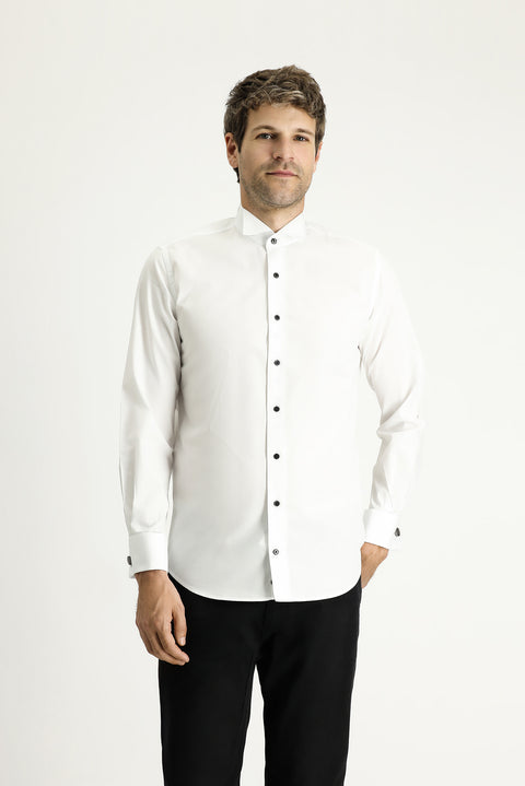 White Stand Collar Slim Fit Narrow Cut Cotton Shirt