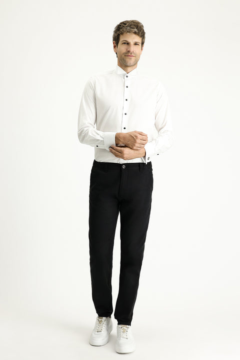 White Stand Collar Slim Fit Narrow Cut Cotton Shirt