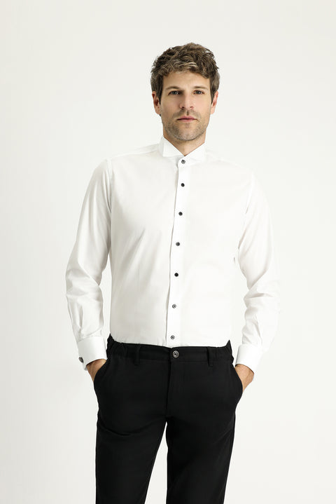 White Stand Collar Slim Fit Narrow Cut Cotton Shirt