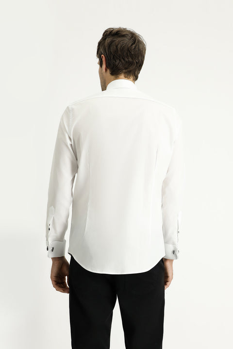 White Stand Collar Slim Fit Narrow Cut Cotton Shirt