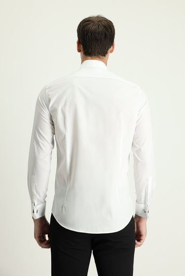 Beyaz Ata Yaka Slim Fit Dar Kesim Piliseli Pamuk Gömlek