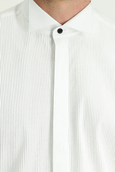 Beyaz Ata Yaka Slim Fit Dar Kesim Piliseli Pamuk Gömlek