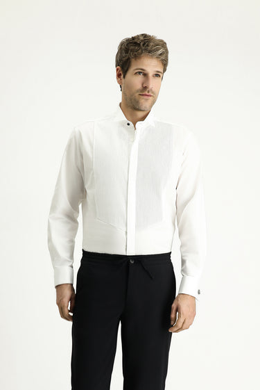 Beyaz Ata Yaka Slim Fit Dar Kesim Piliseli Pamuk Gömlek
