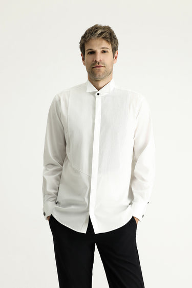 Beyaz Ata Yaka Slim Fit Dar Kesim Piliseli Pamuk Gömlek
