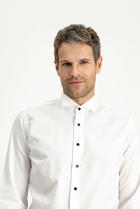 White Stand Collar Slim Fit Narrow Cut Cotton Shirt