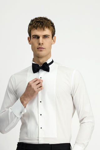 Beyaz Ata Yaka Slim Fit Dar Kesim Desenli Pamuklu Gömlek
