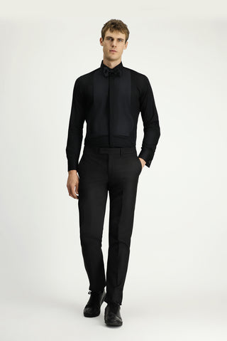 Siyah Slim Fit Dar Kesim Piliseli Pamuklu Ata Yaka Gömlek