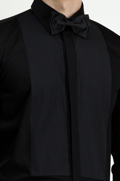 Siyah Slim Fit Dar Kesim Piliseli Pamuklu Ata Yaka Gömlek